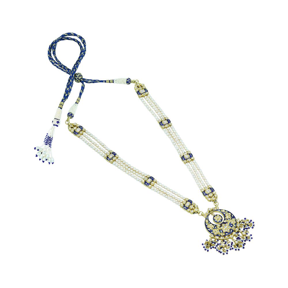 Three-Strand Pearl Necklace with Blue Enamel and Sapphire Accents